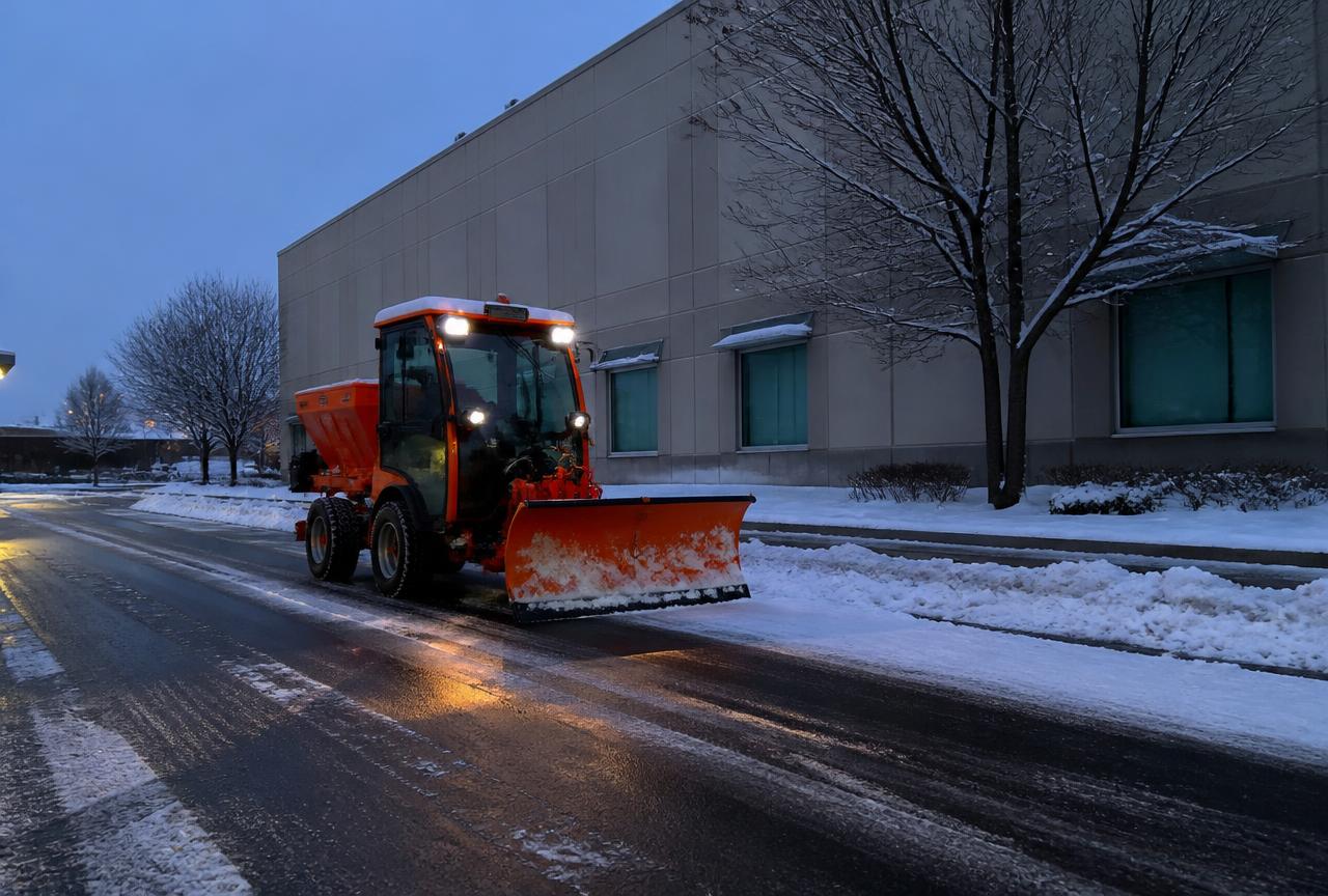 Räumfahrzeug mit Schneepflug räumt einen Parkplatz und Gehweg im Winter